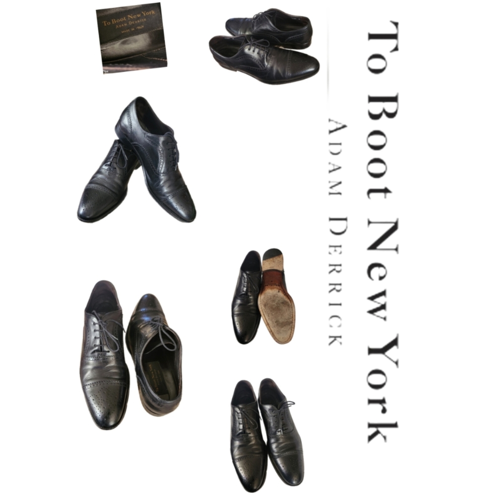 TO BOOT NEW YORK ADAM DERRICK BLACK LEATHER WING TIP CAP TOE OXFORDS SIZE 9